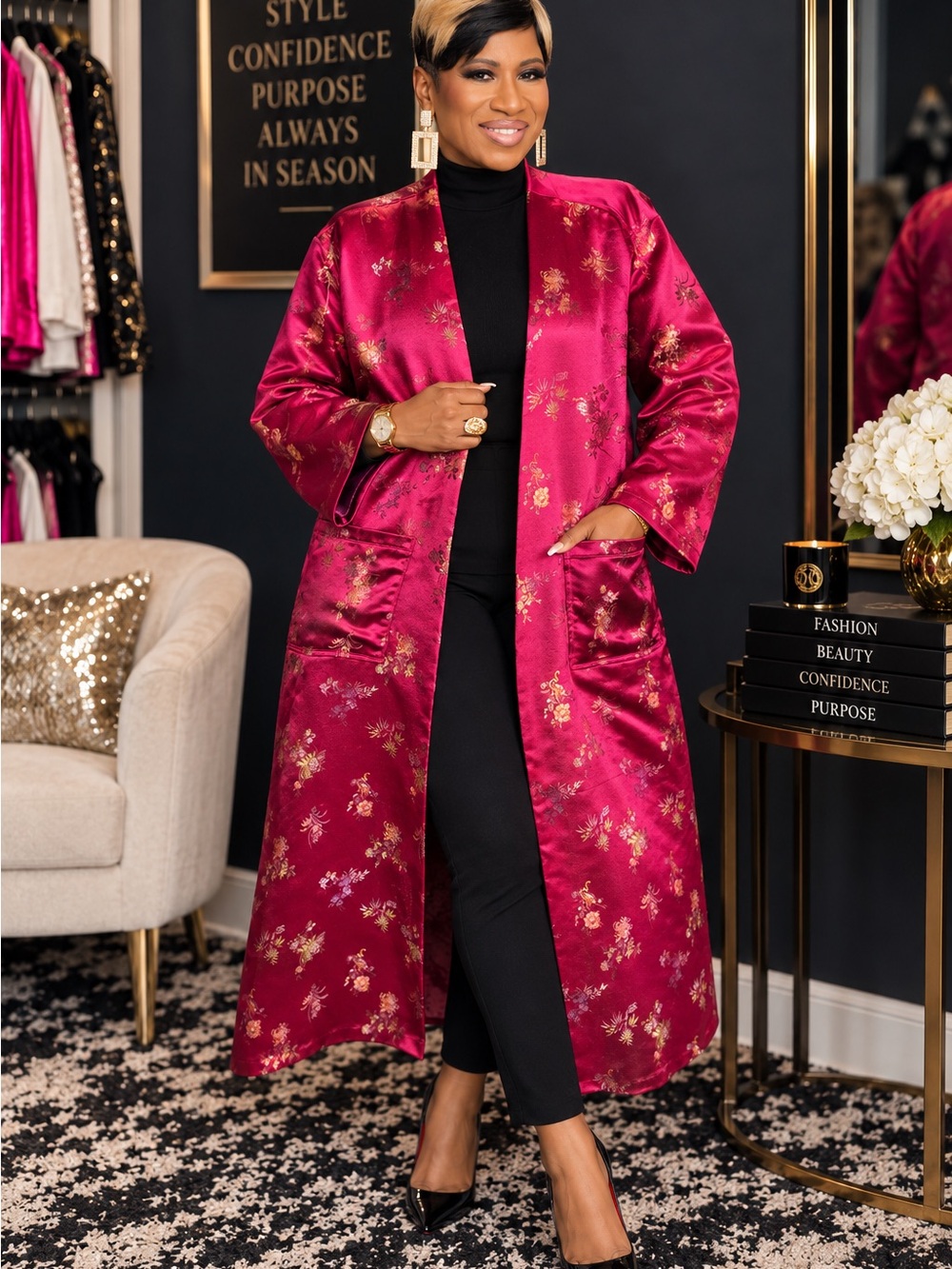 Women's Satin Floral Long Robe - Fuchsia Pink